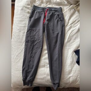 Figs Women's Gray Jogger Scrub Pants with Red Accent